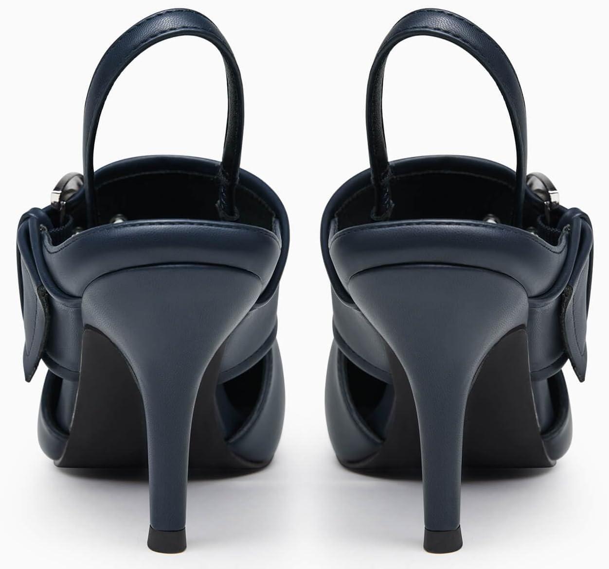 image:imageCoutgo Womens Slingback Pumps Closed Pointed Toe High Heels Belt Buckle Strap Dressy Work ShoesNavy