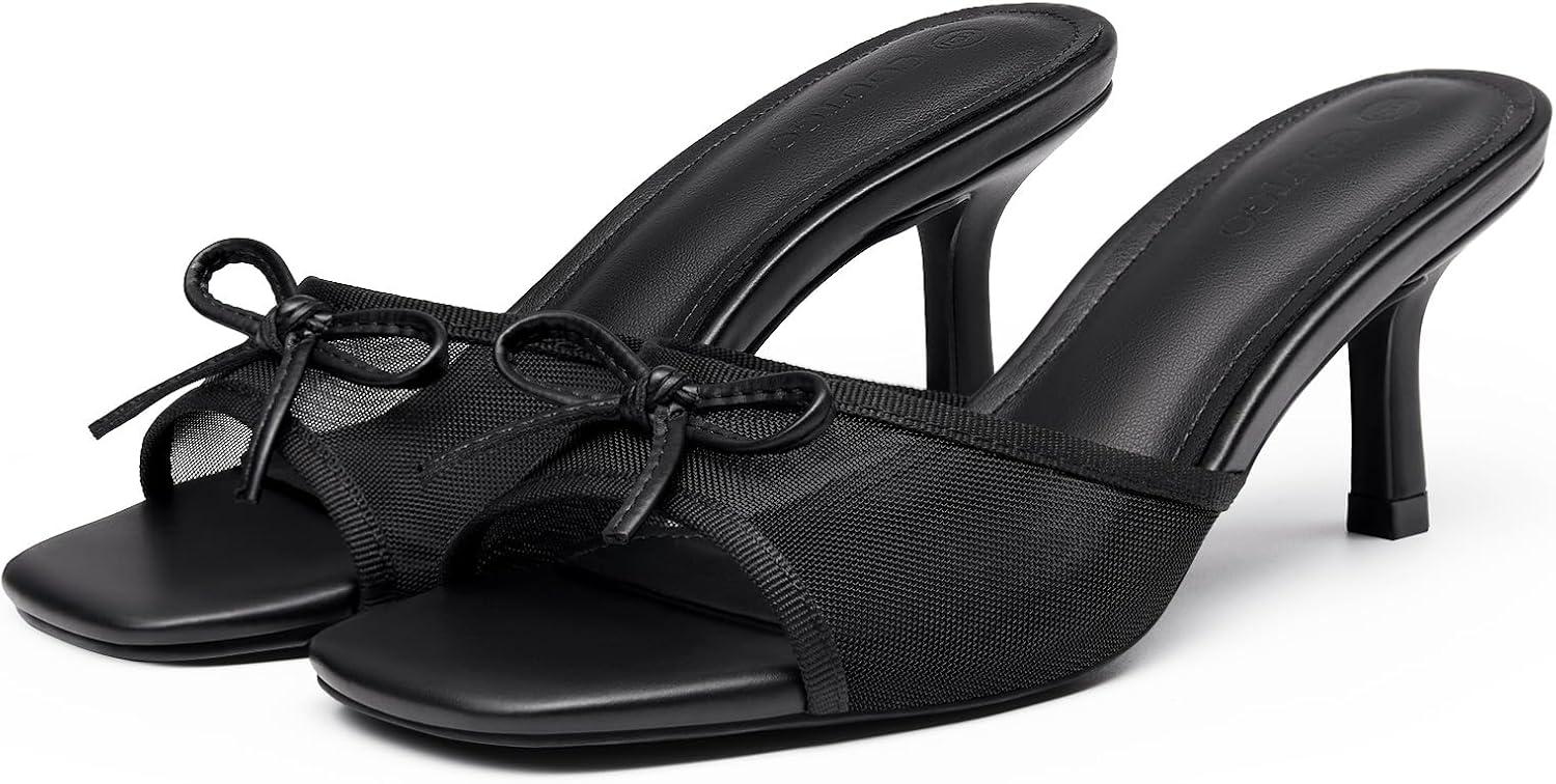 image:imageCoutgo Womens Square Open Toe Heels Mules Bow Stiletto Heel Backless Slip On Slide SandalsBlack Mesh