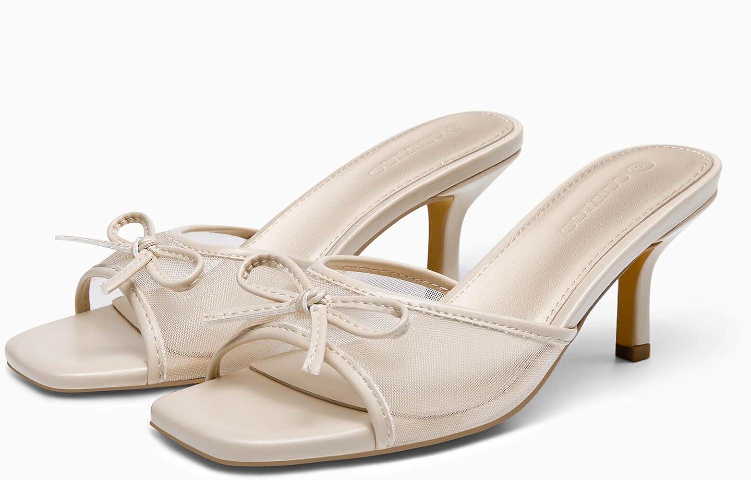 image:imageCoutgo Womens Square Open Toe Heels Mules Bow Stiletto Heel Backless Slip On Slide SandalsNude Mesh