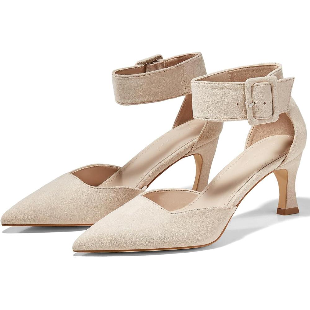 image:imageCoutgo Womens Kitten Low Heels Closed Pointed Toe Ankle Buckle Strap Pumps Suede Dress Wedding ShoesBeige