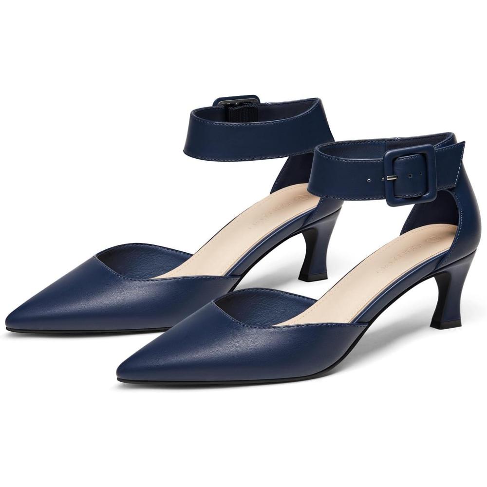 image:imageCoutgo Womens Kitten Low Heels Closed Pointed Toe Ankle Buckle Strap Pumps Suede Dress Wedding ShoesDark Blue