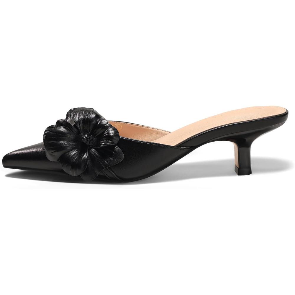 image:imageCoutgo Womens Mules Kitten Heels Closed Pointed Toe Pumps Flower Slip On Party Dress ShoesBlack