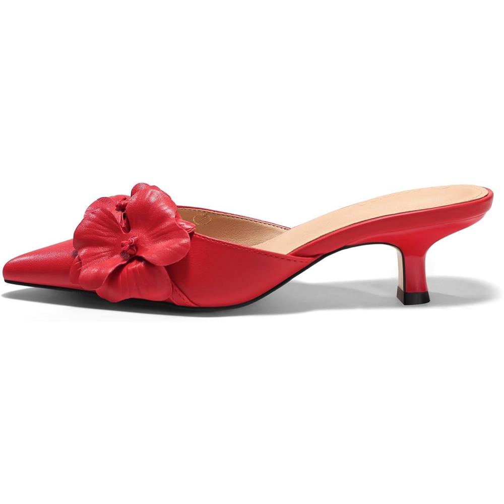 image:imageCoutgo Womens Mules Kitten Heels Closed Pointed Toe Pumps Flower Slip On Party Dress ShoesRed