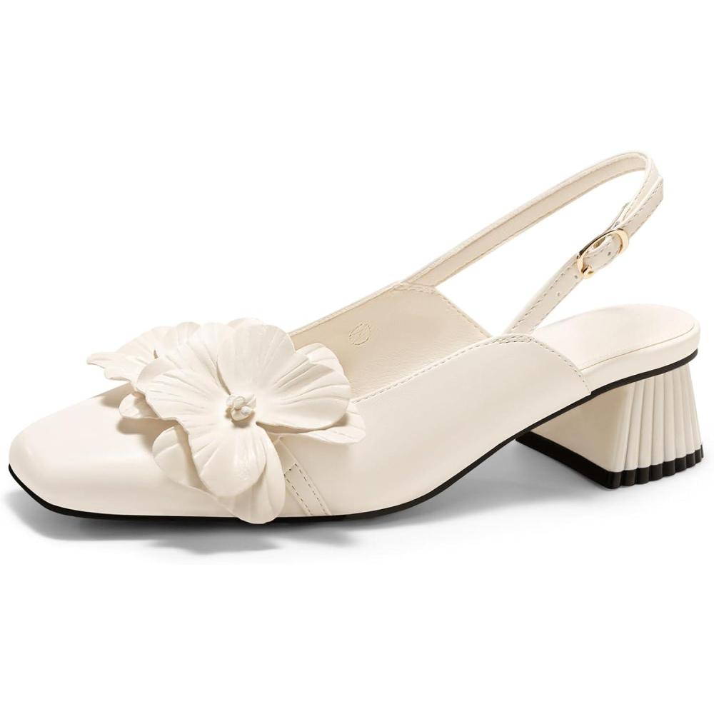 image:imageCoutgo Womens Slingback Chunky Heels Flower Closed Square Toe Pumps Work Dress ShoesChoose a Size upCreamywhite