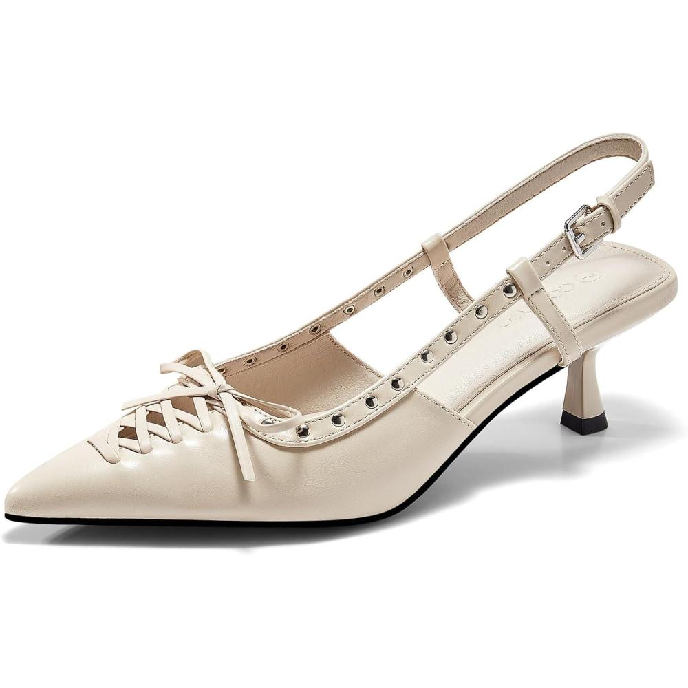 image:imageCoutgo Womens Slingback Kitten Heels Closed Pointed Toe Low Heel Dress Shoes Studded Bow Pumps Silver