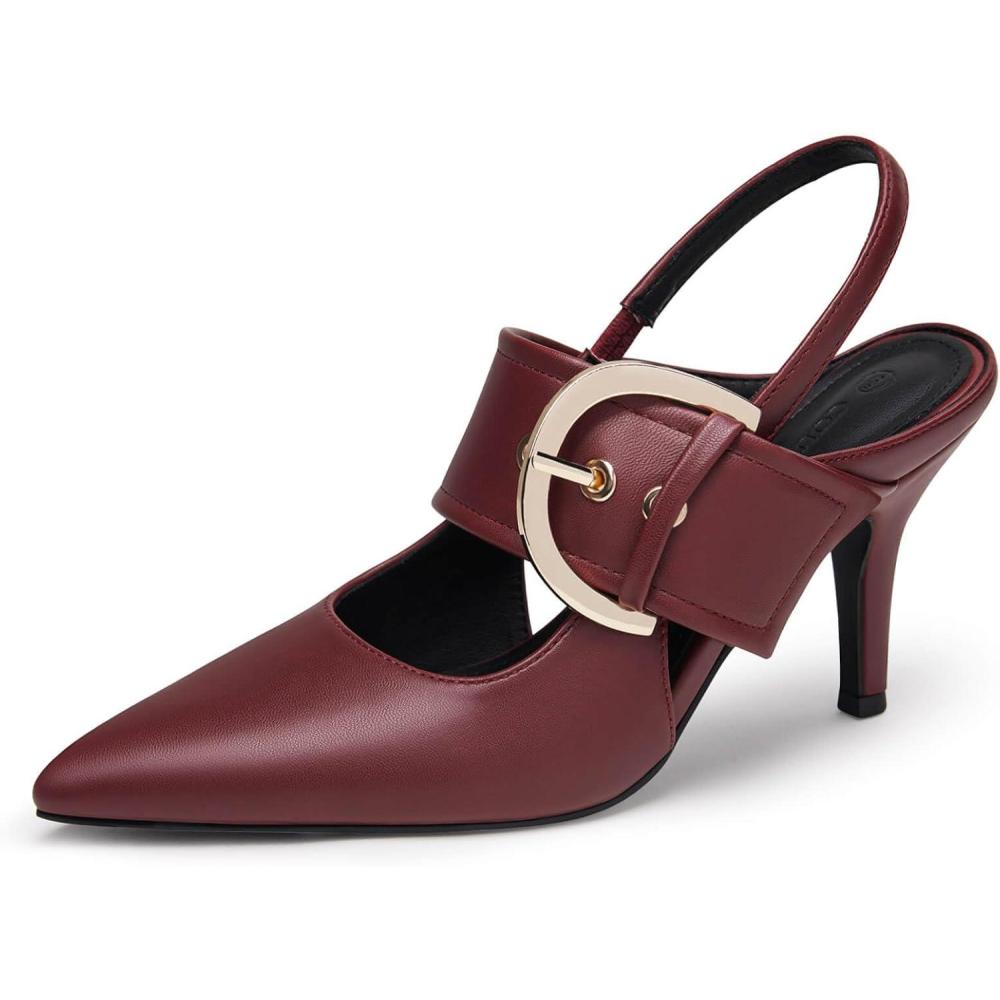 image:imageCoutgo Womens Slingback Pumps Closed Pointed Toe High Heels Belt Buckle Strap Dressy Work ShoesBurgundy