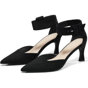 Coutgo Womens Kitten Low Heels Closed Pointed Toe Ankle Buckle Strap Pumps Suede Dress Wedding Shoes(Black)