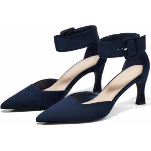 Coutgo Womens Kitten Low Heels Closed Pointed Toe Ankle Buckle Strap Pumps Suede Dress Wedding Shoes(Navy Blue)