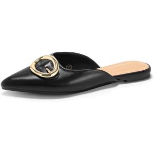 Coutgo Womens Mules Flats Metal Closed Pointed Toe Slip On Slides Summer Dress Shoes(Black Leather)