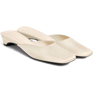 Coutgo Women’s Mules Low Kitten Heel Closed Square Toe Slip On Backless Dress Shoes, Size 9.5, Champagne