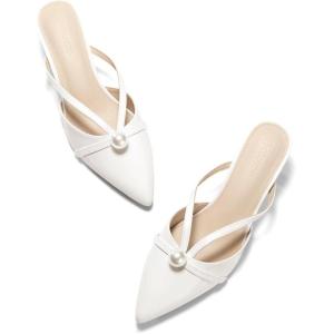 Coutgo Womens Pearl Kitten Heels Mules Closed Pointed Toe Sandals Satin Wedding Party Dress Shoes(Cream White/Patent Leather)
