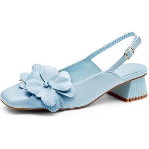 Coutgo Womens Slingback Chunky Heels Flower Closed Square Toe Pumps Work Dress Shoes（Choose a Size up）(Blue)