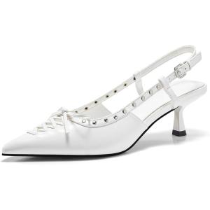 Coutgo Womens Slingback Kitten Heels Closed Pointed Toe Low Heel Dress Shoes Studded Bow Pumps(White)