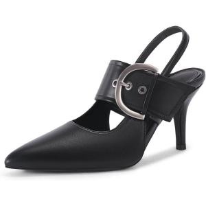 Coutgo Womens Slingback Pumps Closed Pointed Toe High Heels Belt Buckle Strap Dressy Work Shoes(Black)