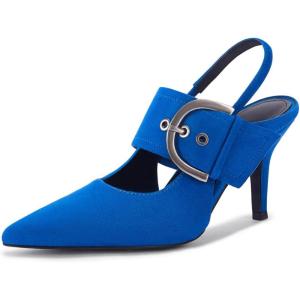 Coutgo Womens Slingback Pumps Closed Pointed Toe High Heels Belt Buckle Strap Dressy Work Shoes(Blue)