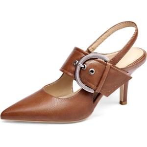 Coutgo Womens Slingback Pumps Closed Pointed Toe High Heels Belt Buckle Strap Dressy Work Shoes(Brown)
