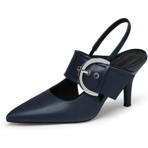 Coutgo Womens Slingback Pumps Closed Pointed Toe High Heels Belt Buckle Strap Dressy Work Shoes(Navy)