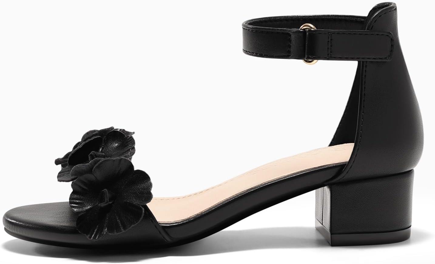 image:imageCoutgo Girls Sandals Flower Chunky Low Heels Open Toe Summer Dress Shoes for Toddler Little Big KidBlack