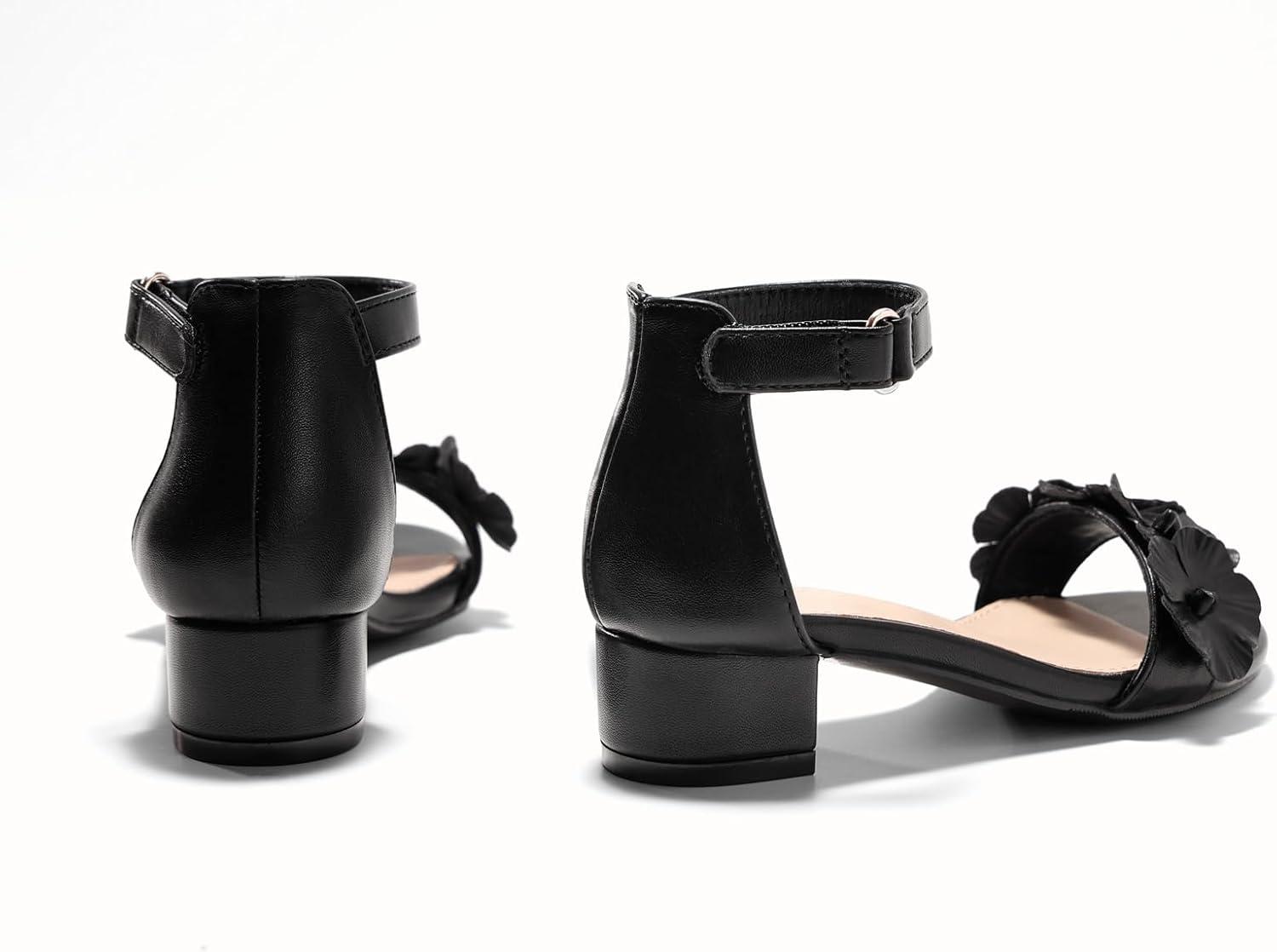 image:imageCoutgo Girls Sandals Flower Chunky Low Heels Open Toe Summer Dress Shoes for Toddler Little Big KidBlack