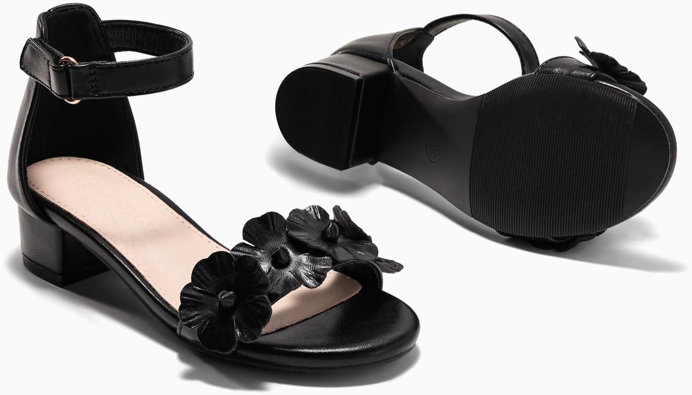 image:imageCoutgo Girls Sandals Flower Chunky Low Heels Open Toe Summer Dress Shoes for Toddler Little Big KidBlack