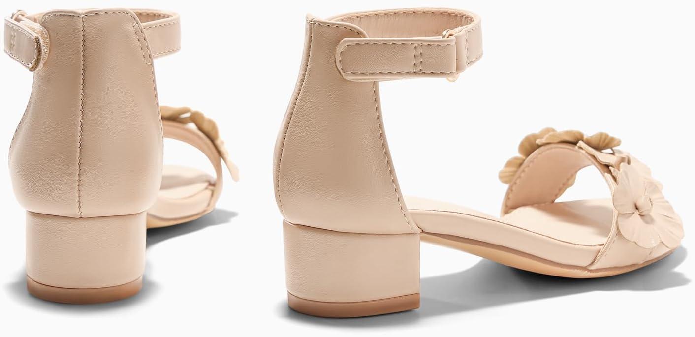 image:imageCoutgo Girls Sandals Flower Chunky Low Heels Open Toe Summer Dress Shoes for Toddler Little Big KidLight Khaki
