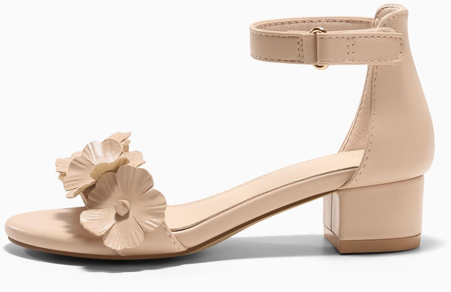 image:imageCoutgo Girls Sandals Flower Chunky Low Heels Open Toe Summer Dress Shoes for Toddler Little Big KidLight Khaki