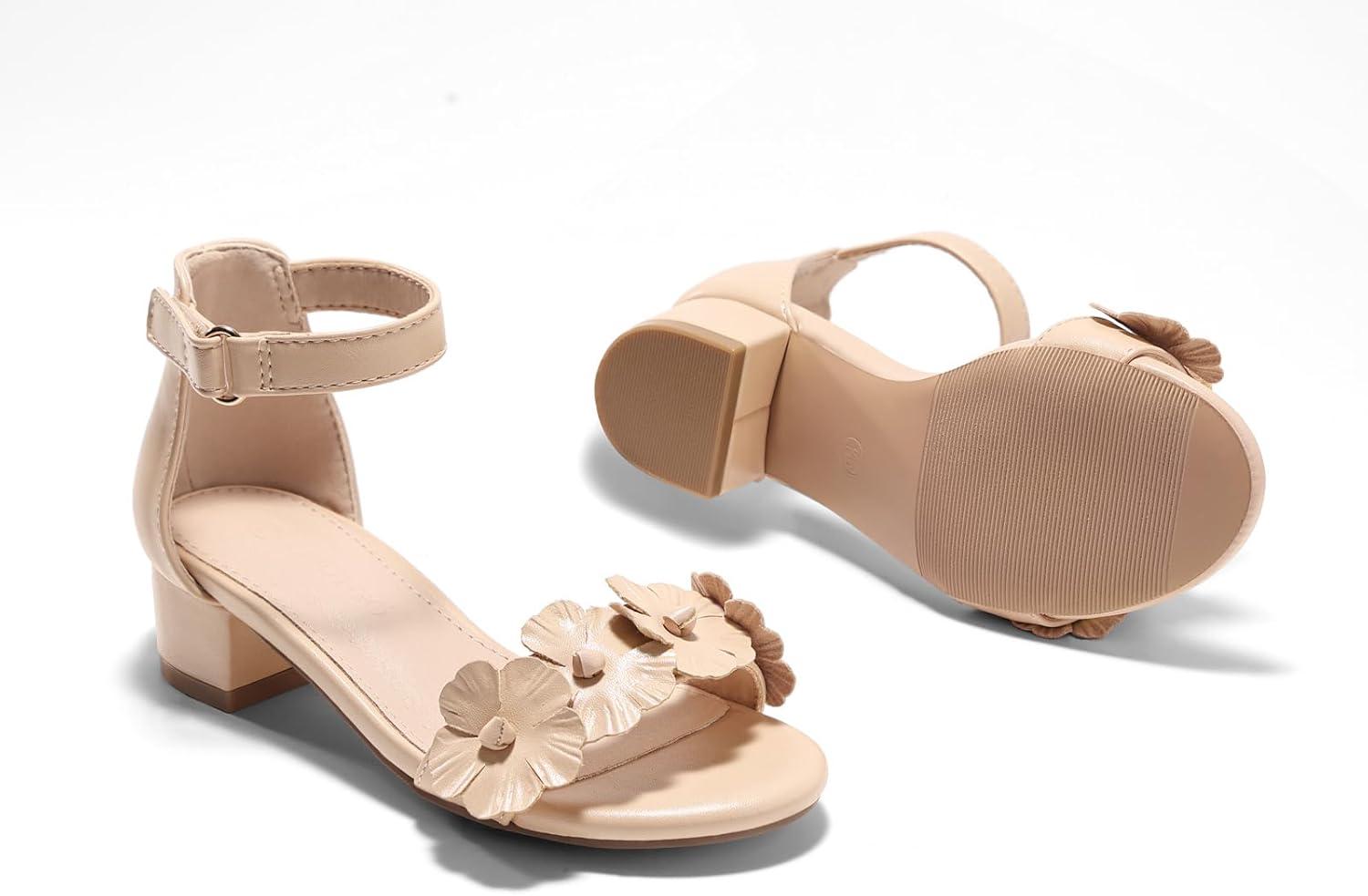 image:imageCoutgo Girls Sandals Flower Chunky Low Heels Open Toe Summer Dress Shoes for Toddler Little Big KidLight Khaki