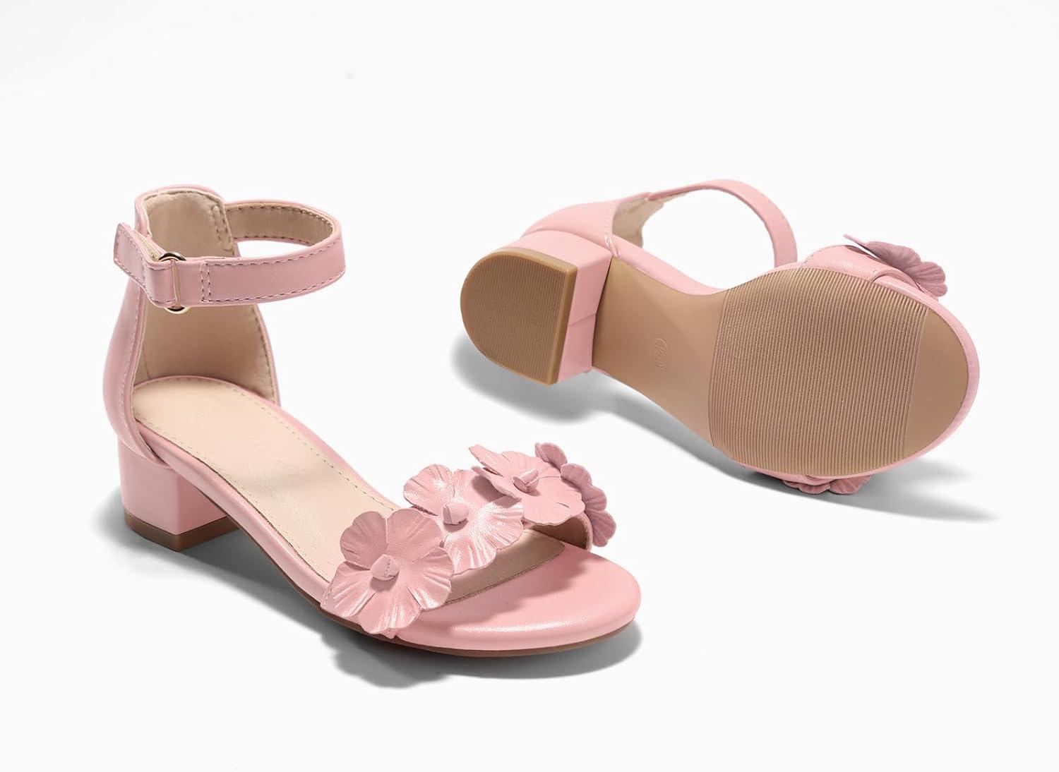 image:imageCoutgo Girls Sandals Flower Chunky Low Heels Open Toe Summer Dress Shoes for Toddler Little Big KidPink