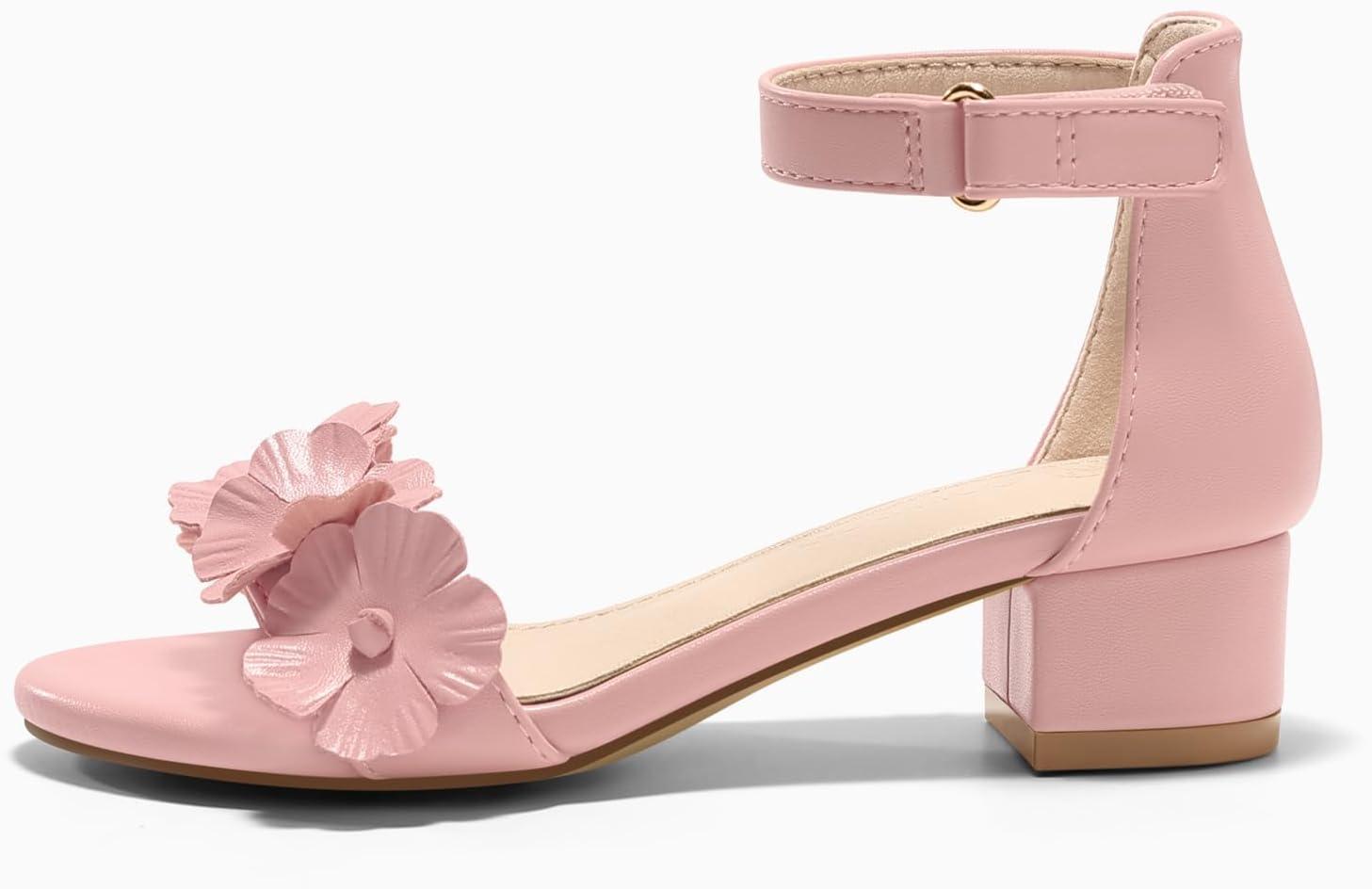image:imageCoutgo Girls Sandals Flower Chunky Low Heels Open Toe Summer Dress Shoes for Toddler Little Big KidPink