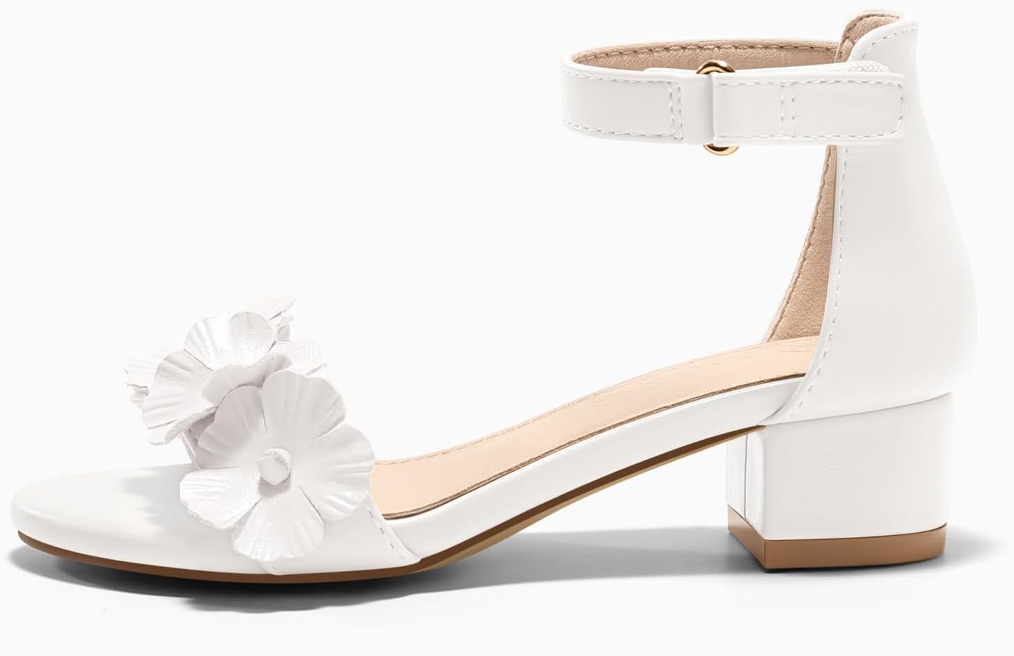 image:imageCoutgo Girls Sandals Flower Chunky Low Heels Open Toe Summer Dress Shoes for Toddler Little Big KidWhite