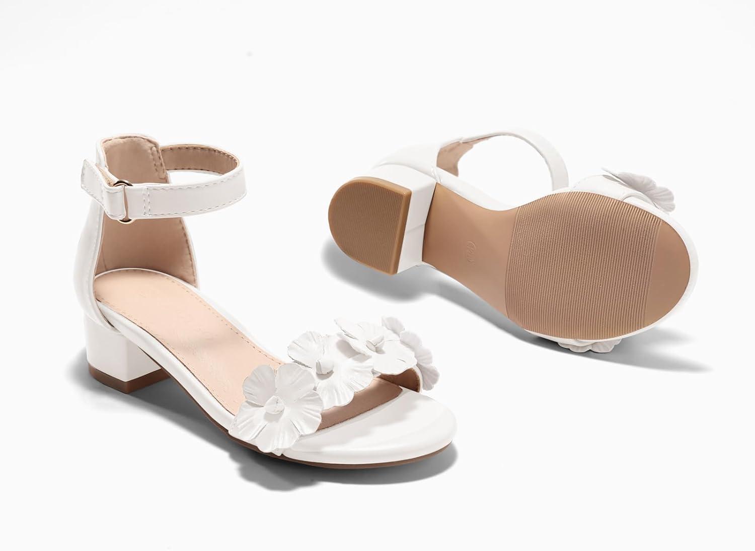 image:imageCoutgo Girls Sandals Flower Chunky Low Heels Open Toe Summer Dress Shoes for Toddler Little Big KidWhite