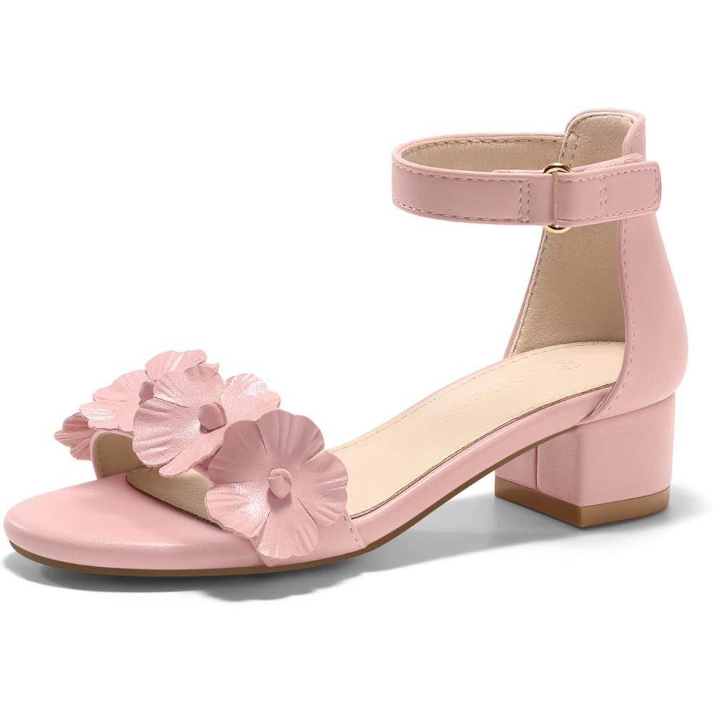 image:imageCoutgo Girls Sandals Flower Chunky Low Heels Open Toe Summer Dress Shoes for Toddler Little Big KidPink