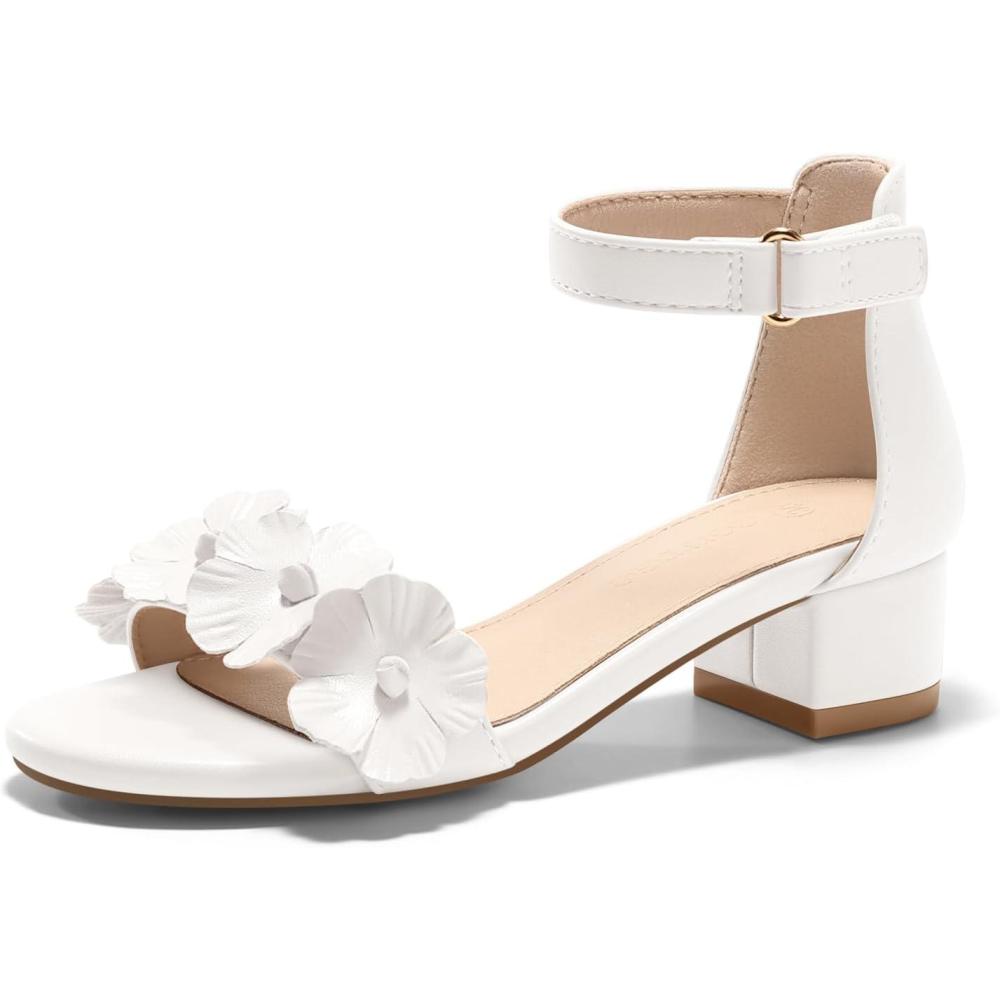 image:imageCoutgo Girls Sandals Flower Chunky Low Heels Open Toe Summer Dress Shoes for Toddler Little Big KidWhite
