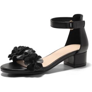 Coutgo Girls Sandals Flower Chunky Low Heels Open Toe Summer Dress Shoes for Toddler Little Big Kid(Black)