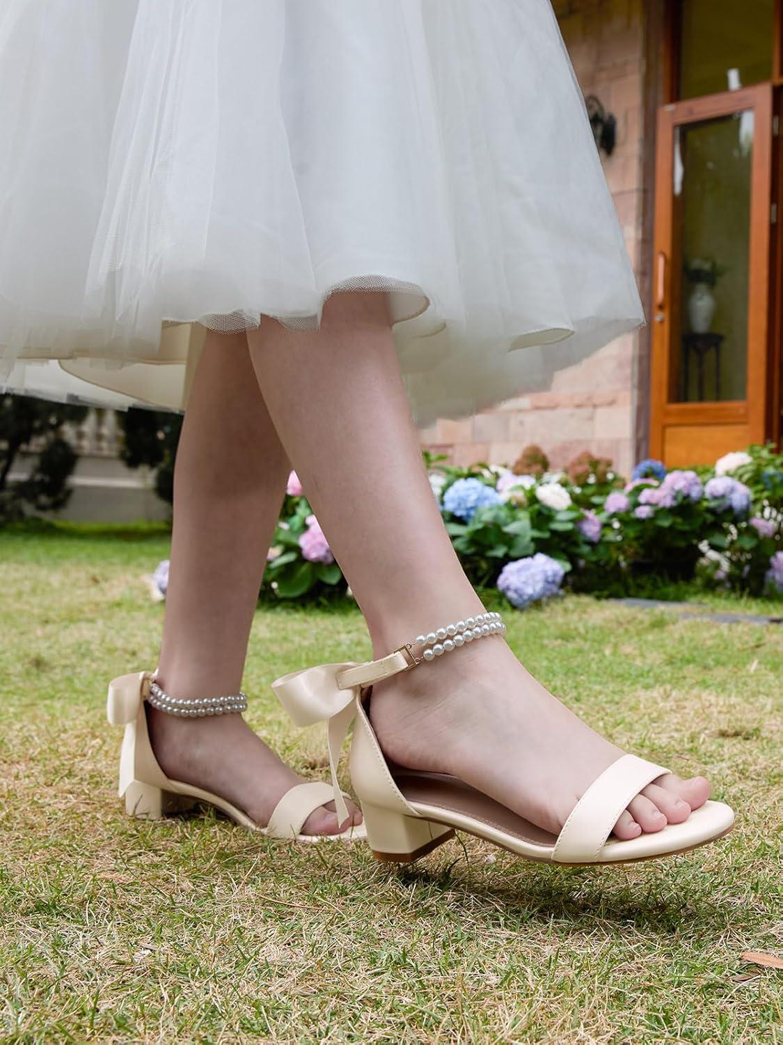 image:imageCoutgo Girls Dress Shoes Chunky Low Heels Sandals Bow Pearl Ankle Strap Flower Girl Wedding Party ShoesBeige