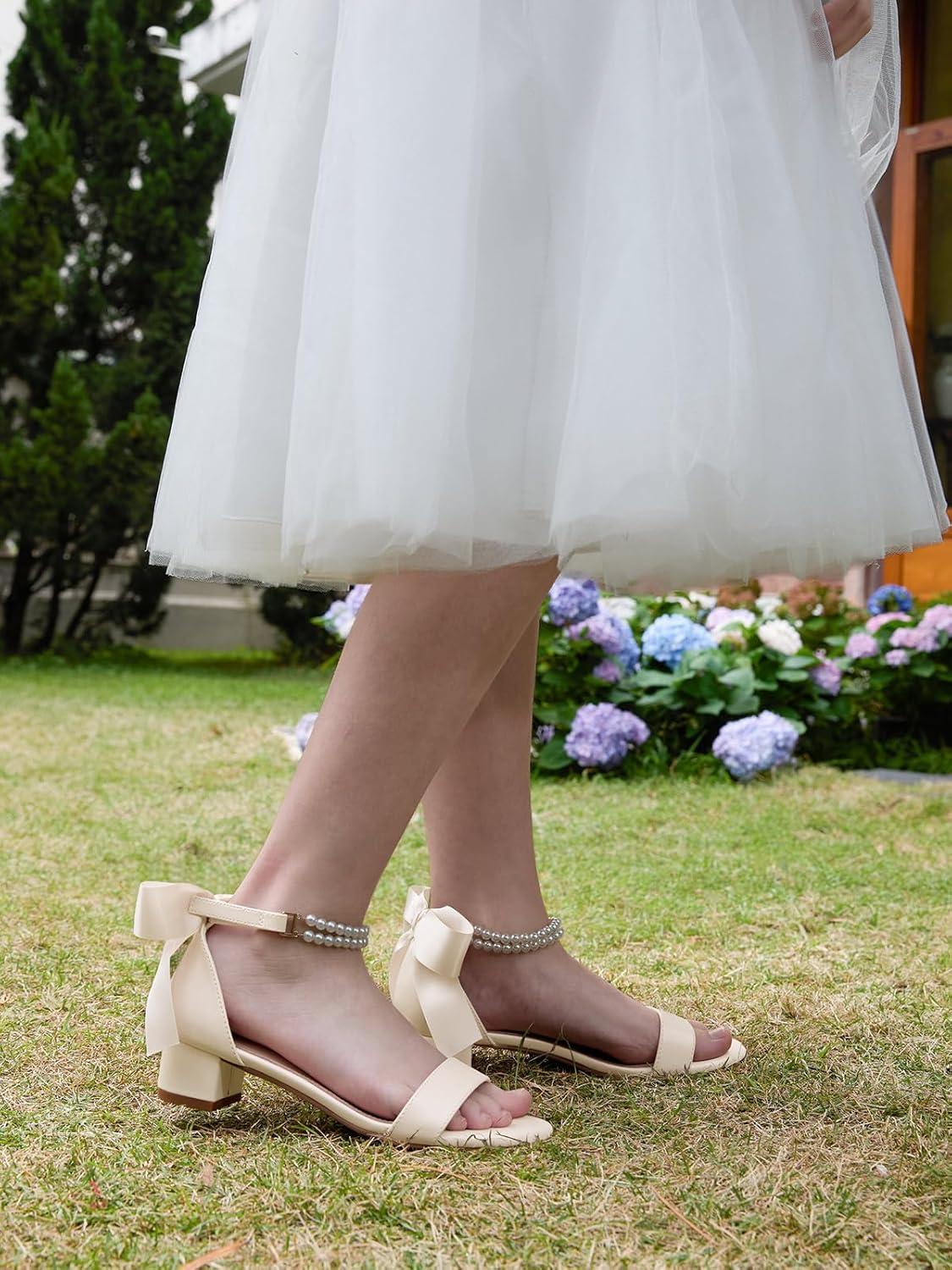image:imageCoutgo Girls Dress Shoes Chunky Low Heels Sandals Bow Pearl Ankle Strap Flower Girl Wedding Party ShoesBeige