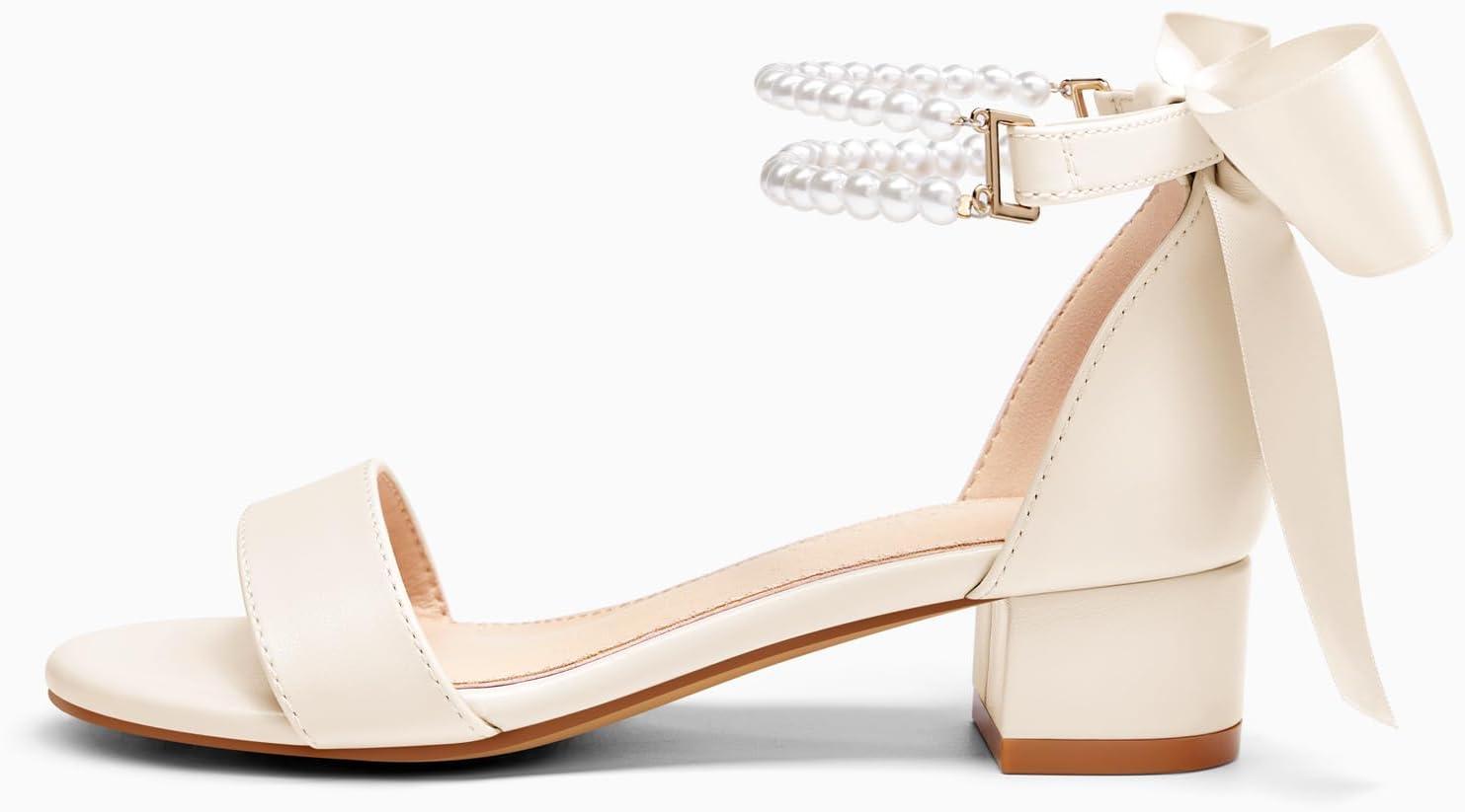 image:imageCoutgo Girls Dress Shoes Chunky Low Heels Sandals Bow Pearl Ankle Strap Flower Girl Wedding Party ShoesBeige