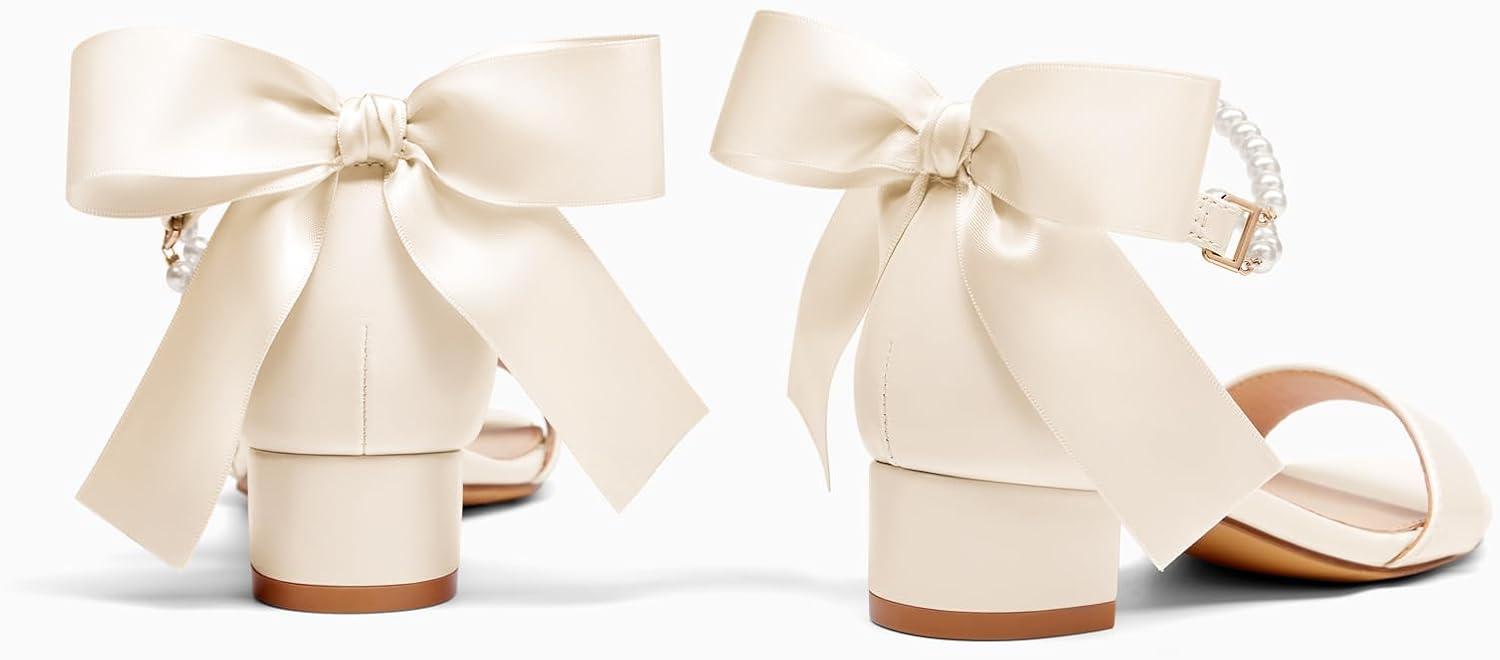 image:imageCoutgo Girls Dress Shoes Chunky Low Heels Sandals Bow Pearl Ankle Strap Flower Girl Wedding Party ShoesBeige