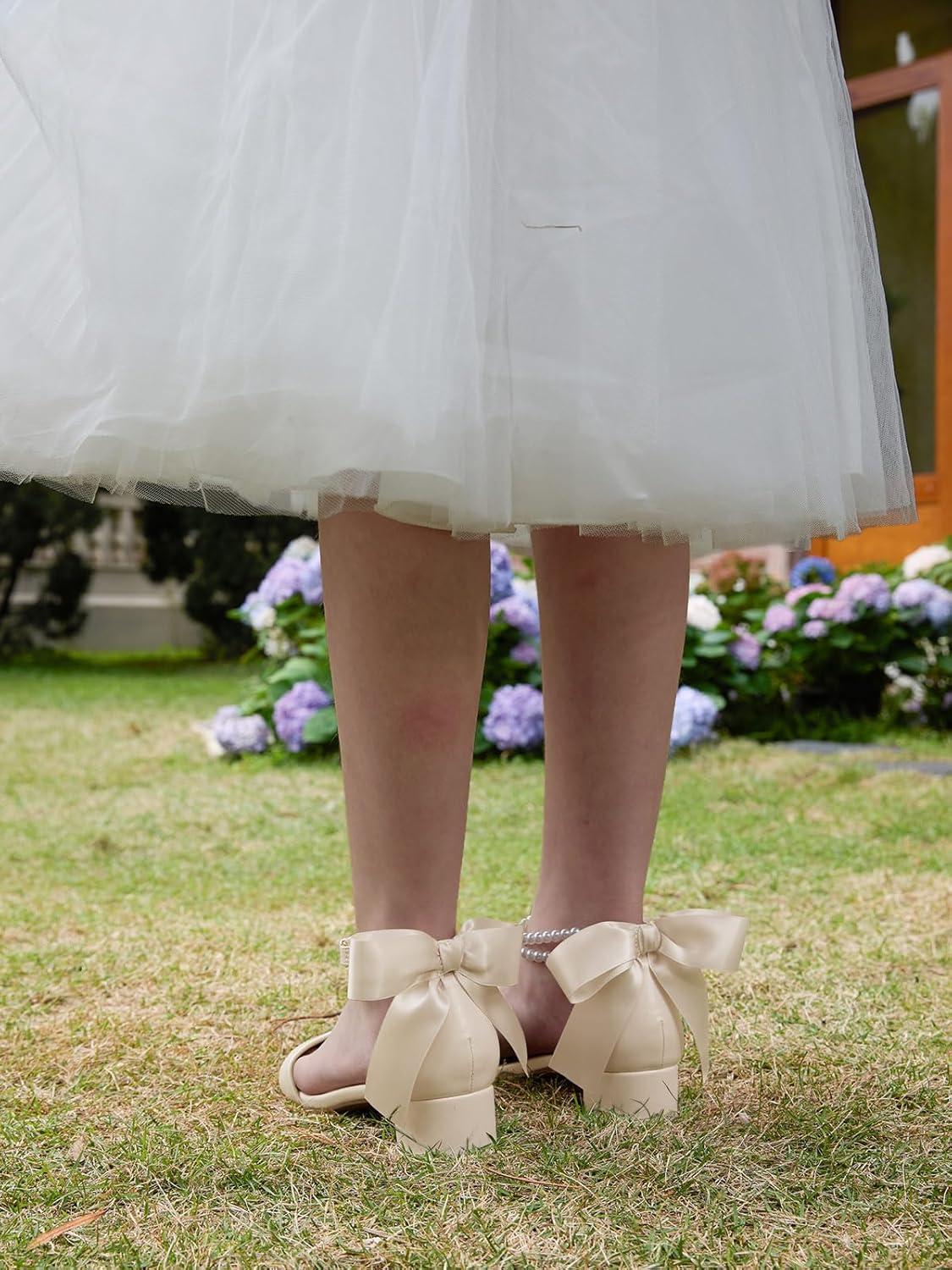image:imageCoutgo Girls Dress Shoes Chunky Low Heels Sandals Bow Pearl Ankle Strap Flower Girl Wedding Party ShoesBeige