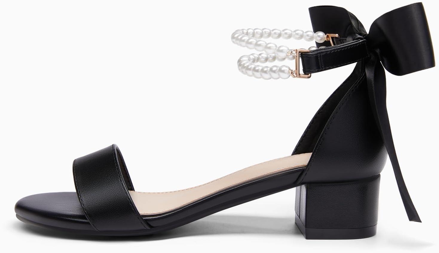 image:imageCoutgo Girls Dress Shoes Chunky Low Heels Sandals Bow Pearl Ankle Strap Flower Girl Wedding Party ShoesBlack