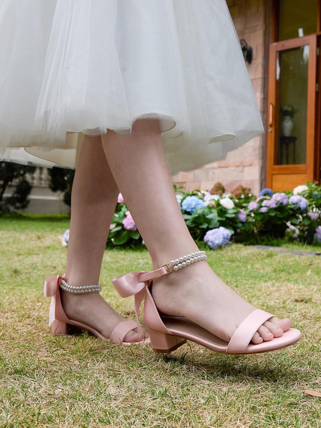 image:imageCoutgo Girls Dress Shoes Chunky Low Heels Sandals Bow Pearl Ankle Strap Flower Girl Wedding Party ShoesPink