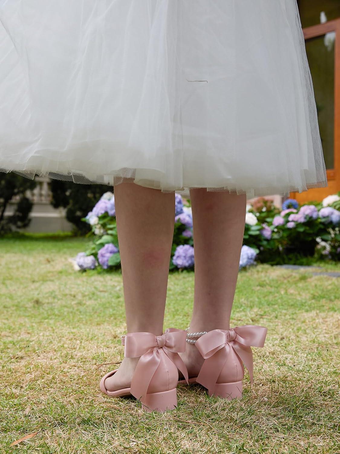image:imageCoutgo Girls Dress Shoes Chunky Low Heels Sandals Bow Pearl Ankle Strap Flower Girl Wedding Party ShoesPink