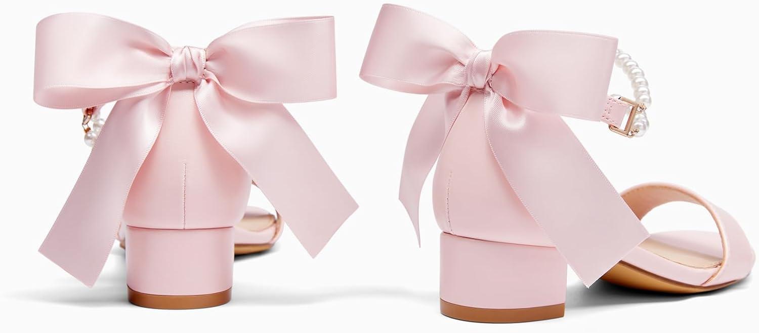 image:imageCoutgo Girls Dress Shoes Chunky Low Heels Sandals Bow Pearl Ankle Strap Flower Girl Wedding Party ShoesPink