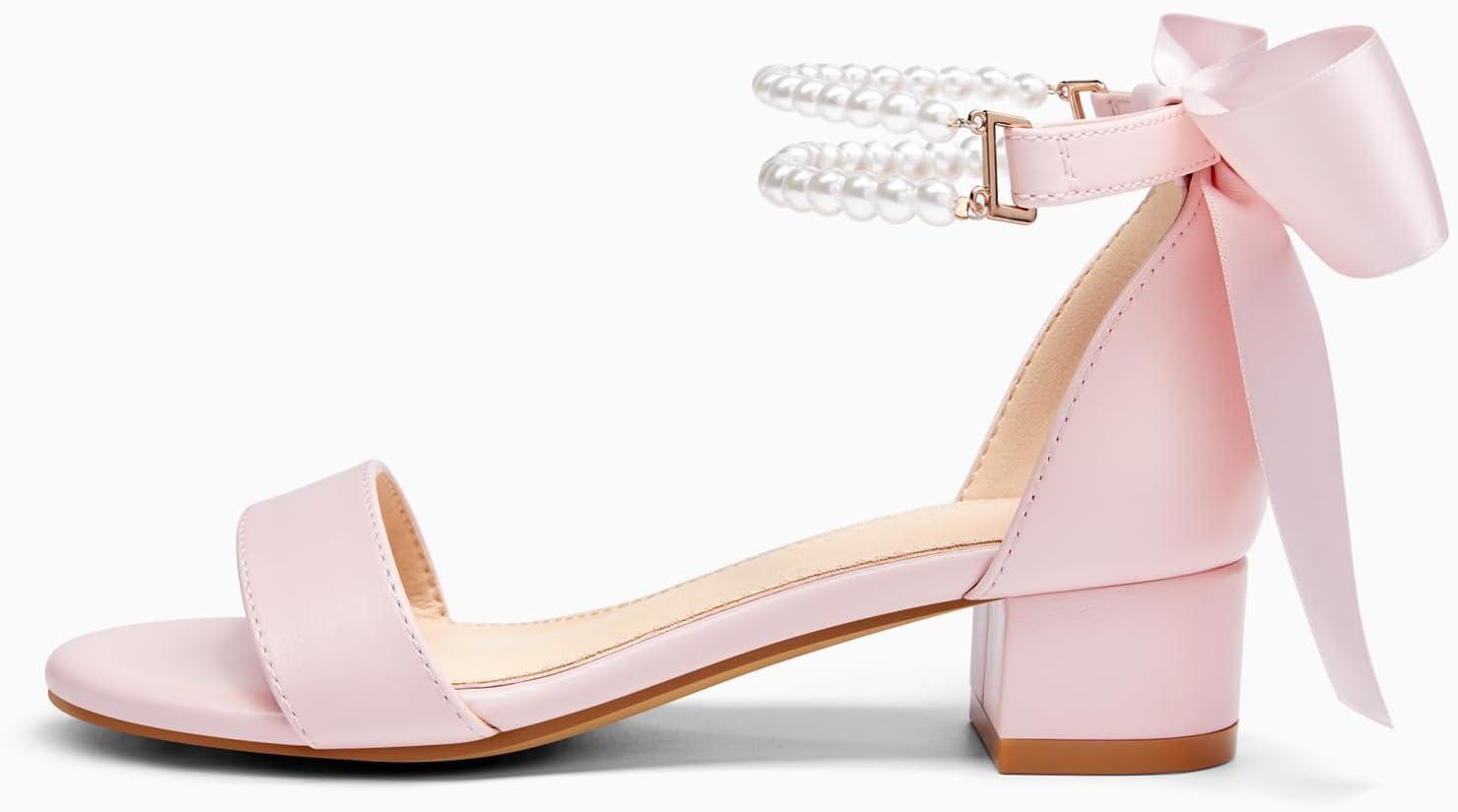 image:imageCoutgo Girls Dress Shoes Chunky Low Heels Sandals Bow Pearl Ankle Strap Flower Girl Wedding Party ShoesPink
