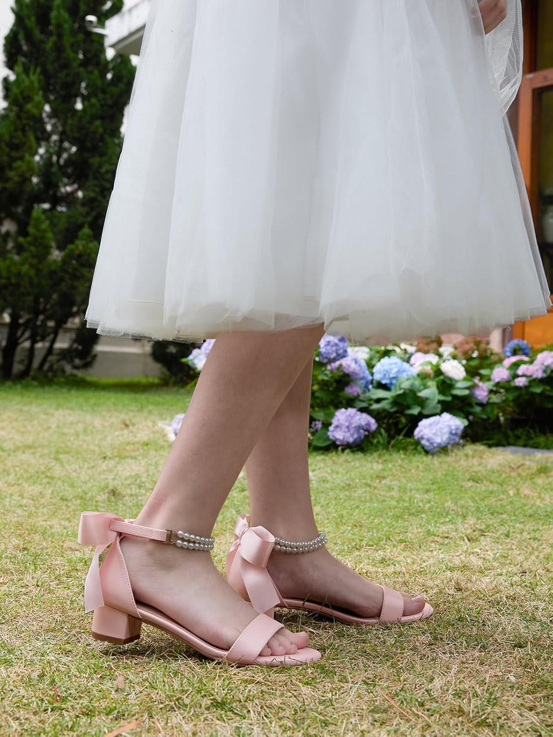 image:imageCoutgo Girls Dress Shoes Chunky Low Heels Sandals Bow Pearl Ankle Strap Flower Girl Wedding Party ShoesPink