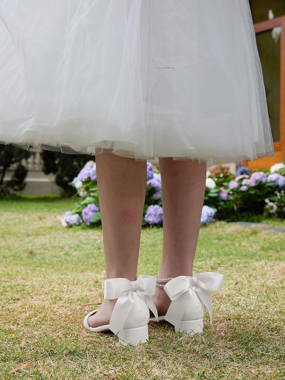image:imageCoutgo Girls Dress Shoes Chunky Low Heels Sandals Bow Pearl Ankle Strap Flower Girl Wedding Party ShoesWhite