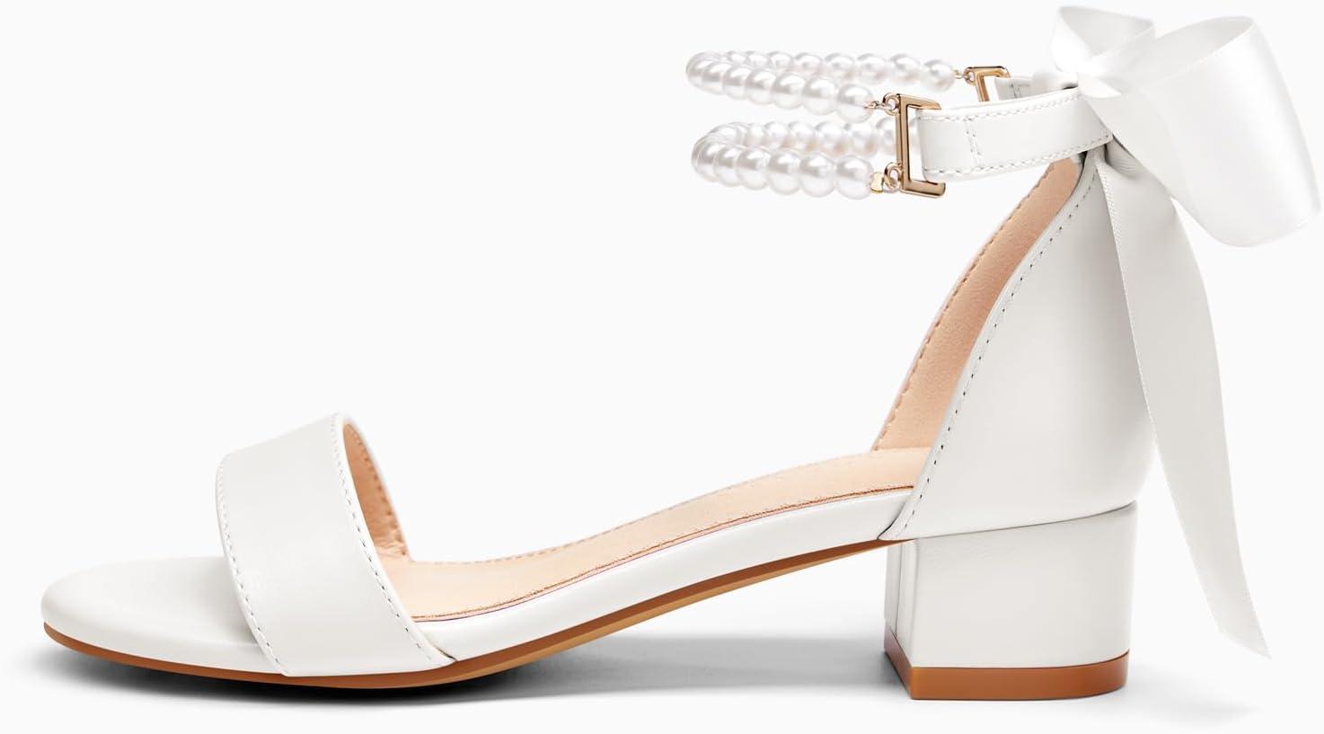 image:imageCoutgo Girls Dress Shoes Chunky Low Heels Sandals Bow Pearl Ankle Strap Flower Girl Wedding Party ShoesWhite