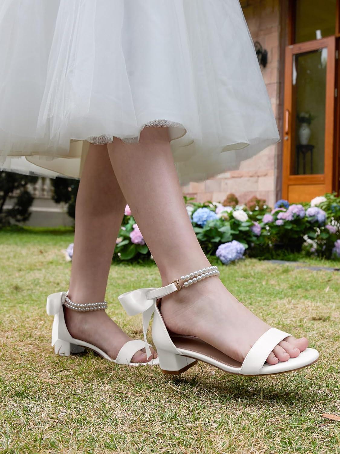 image:imageCoutgo Girls Dress Shoes Chunky Low Heels Sandals Bow Pearl Ankle Strap Flower Girl Wedding Party ShoesWhite