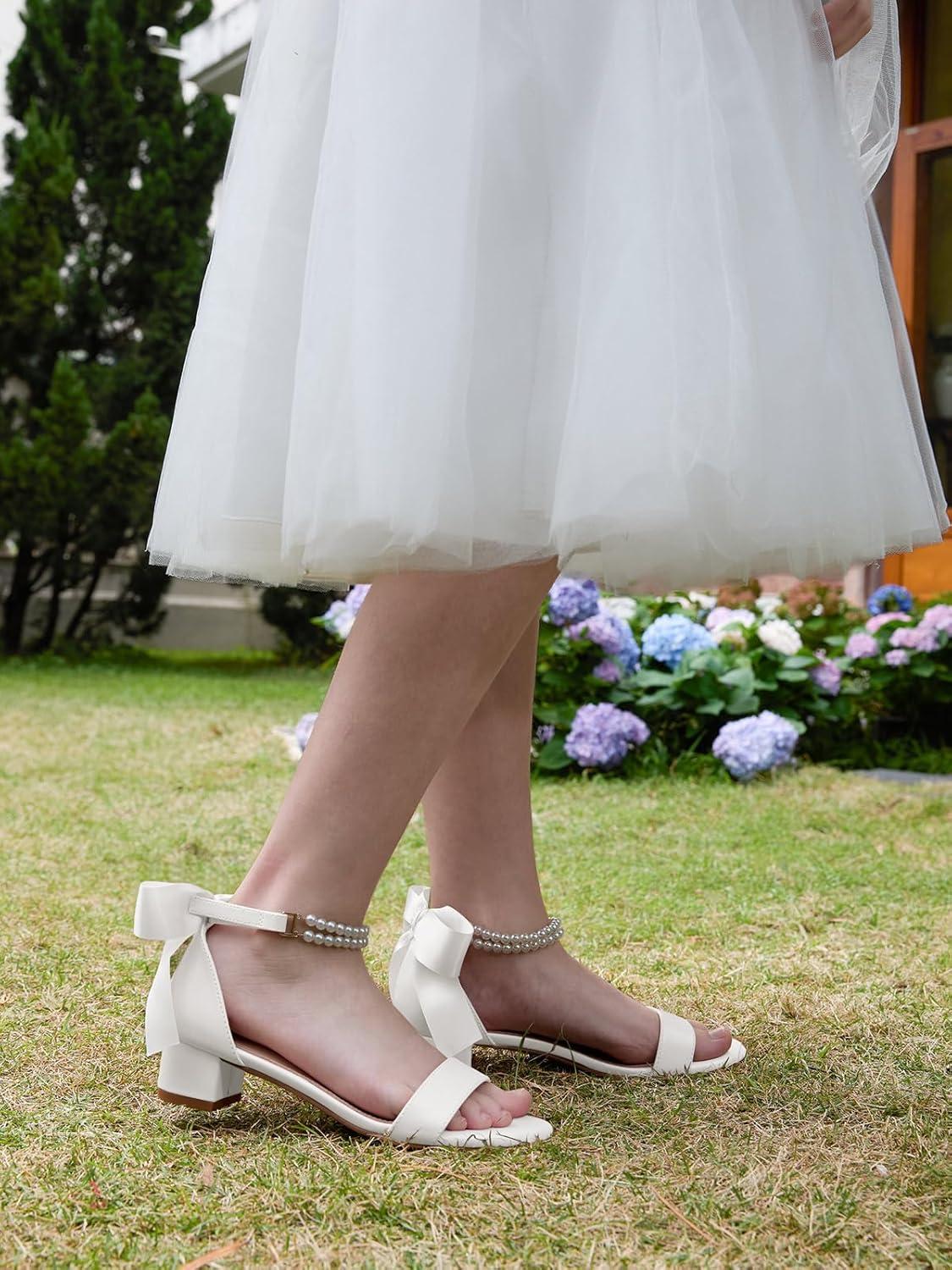 image:imageCoutgo Girls Dress Shoes Chunky Low Heels Sandals Bow Pearl Ankle Strap Flower Girl Wedding Party ShoesWhite