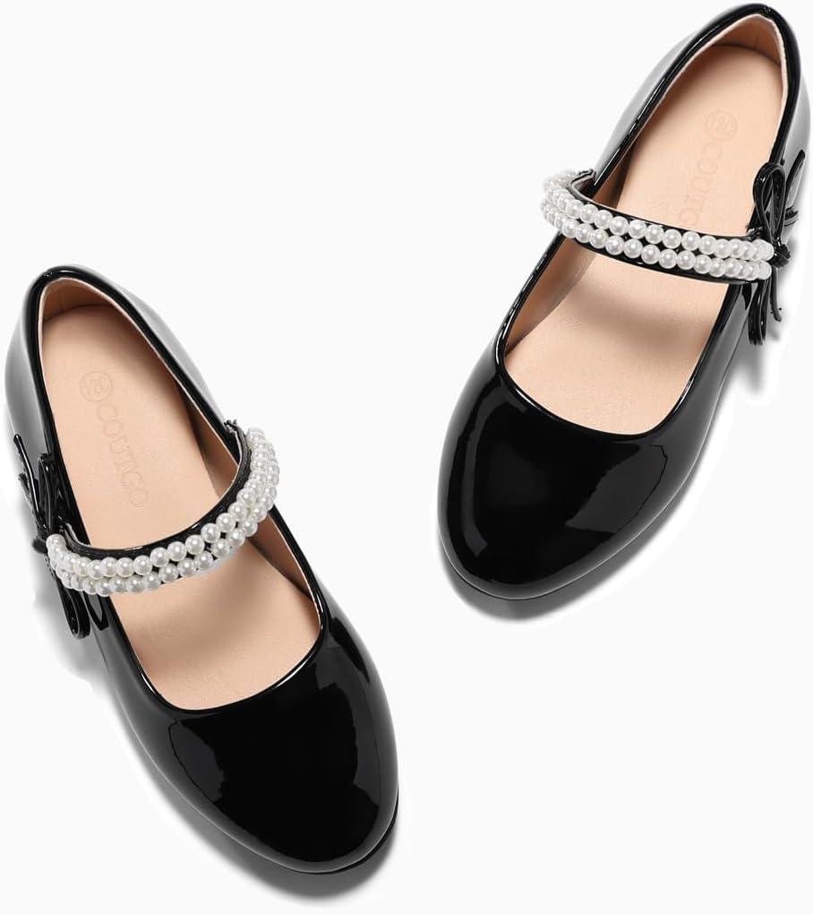 image:imageCoutgo Girls Mary Jane Dress Shoes Girl Flower Shoes Bow Pearls Ballet Flats Princess Wedding ShoesBlack